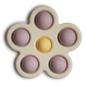 Mushie Flower Press Toy Soft Lilac/Pale Daffodil/Ivory sensorā rotaļlieta puķīte