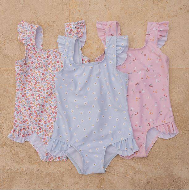 Little Dutch Bathsuit ruffles Little Pink Flowers rozā volānu peldkostīms ar UV aizsardzību 74/80 izm.