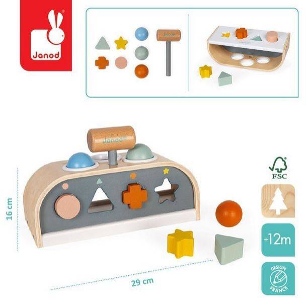 Janod Wooden punch and shape sorter 3 in 1 Sweet Cocoon koka sitamais sols un formiņu šķirotājs