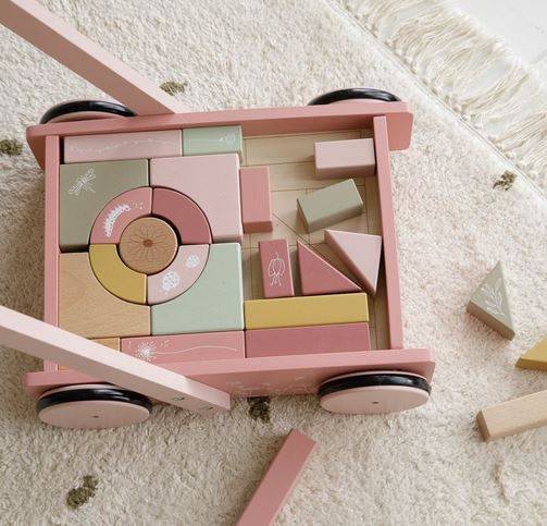 Little Dutch Block Trolley Flowers koka ratiņi rozā Little Dutch Block Trolley Flowers koka ratiņi rozā