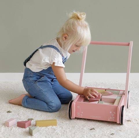 Little Dutch Block Trolley Flowers koka ratiņi rozā Little Dutch Block Trolley Flowers koka ratiņi rozā