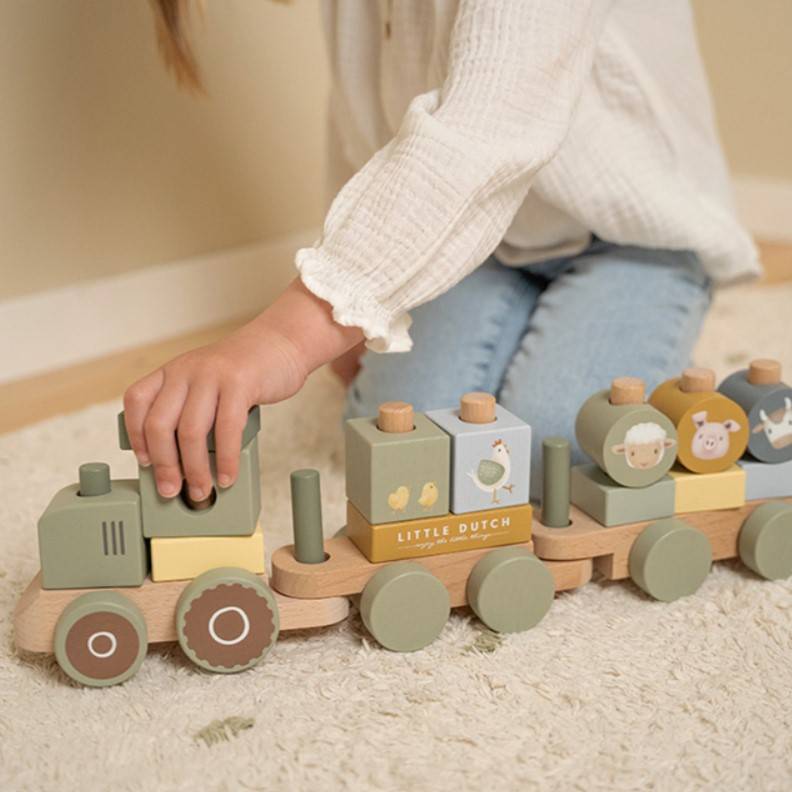 Little Dutch stacking train tractor Little Farm FSC koka vilciens Little Dutch stacking train tractor Little Farm FSC koka vilciens