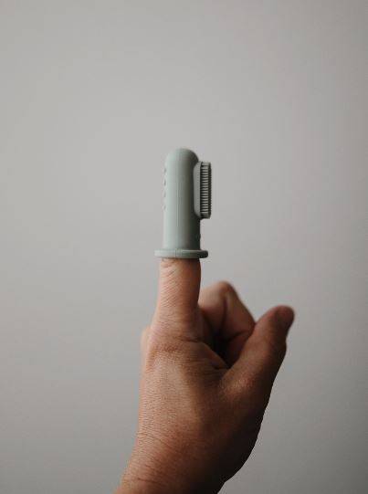 Mushie Finger Toothbrush silikona zobu tīrīšanas un smaganu masāžas uzpirkstenis, Tradewinds / Stone Mushie Finger Toothbrush silikona zobu tīrīšanas un smaganu masāžas uzpirkstenis, Tradewinds / Stone