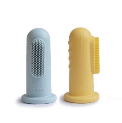 Mushie Finger Toothbrush silikona zobu tīrīšanas un smaganu masāžas uzpirkstenis Powder Blue/Pale Daffodil